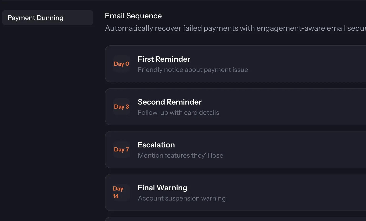 Payment dunning email sequence with escalating reminders